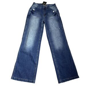 Flamingals Y2K Wide Leg Jeans High‎ Waisted Stretch Retro 2000s Streetwear S